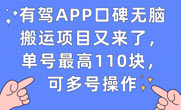 有驾APP口碑无脑搬运项目又来了，单号最高110块，可多号操作-有量联盟