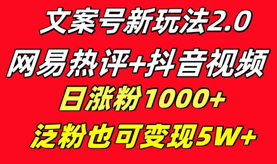 文案号新玩法 网易热评+抖音文案 一天涨粉1000+ 多种变现模式 泛粉也可变现-有量联盟