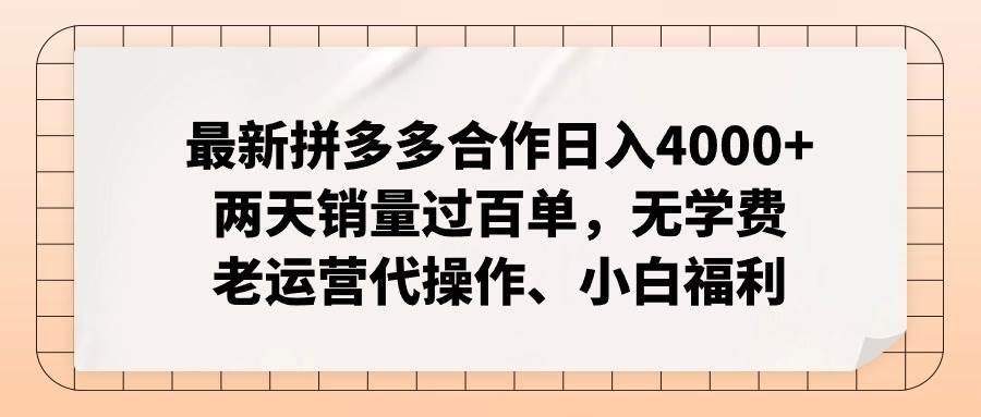 最新拼多多合作日入4000+两天销量过百单，无学费、老运营代操作、小白福利-有量联盟